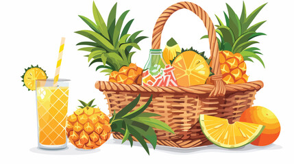 Picnic basket with pineapple cocktail on white background