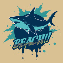 A shark fish is in the blue water of a sea beach with a palm tree.