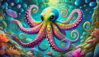 oil painting style cartoon character Octopus gracefully navigating the deep sea