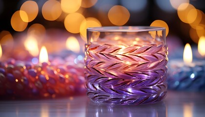 Burning candles in glass jar on bokeh background, closeup