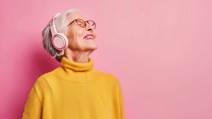 A senior woman wearing headphones and a yellow sweater is smiling. She is looking at the camera....