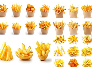 Set of French fries in a white disposable box, isolated on white background