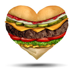 Food Love as a foodie symbol for the pleasure of eating as a hamburger or classic burger lover representing a heart as an icon for flavour and good restaurant reviews or cooking and culinary cuisine.