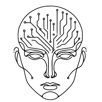 Minimal AI artificial intelligence and digital technology idea face conceptual.humanoid  line art.continuous line drawing.