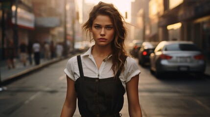 young woman walking down city street