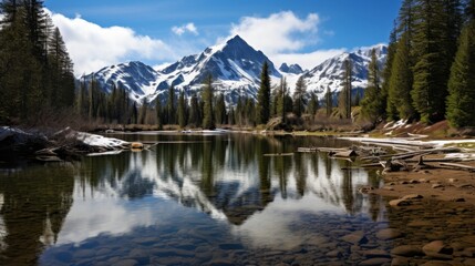 Serene mountain lake surrounded by snowy peaks and pine trees