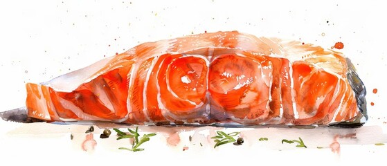 A watercolor painting of a fresh salmon fillet, isolated on a white background, suitable for seafood restaurant menus or cooking guides