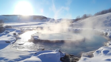 Steaming hot springs in snowy winter landscape