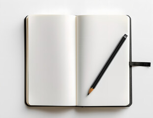 Flat open page notebook and pencil with pen, empty white papers pages, creative workspace essentials, blank canvas for ideas, writing tools, mockup, empty copy space for messages or logos 