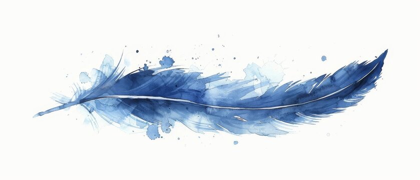 A tranquil feather watercolor painting in navy blue and soft white, ideal for creating a peaceful and relaxing atmosphere