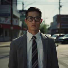 young asian businessman in suit and tie standing on city street