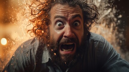 Surprised man with curly beard and wild expression in snowy environment