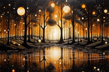 Magical forest landscape with glowing lights