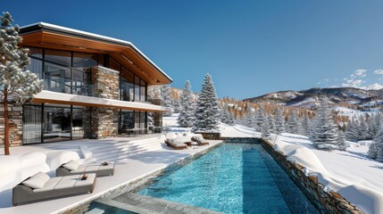 Mountain house architectural project, modern design with stunning views in 3d rendering