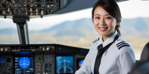 Smiling female airline pilot in cockpit