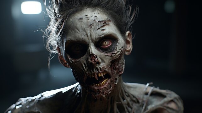Terrifying zombie with glowing eyes and decaying flesh