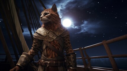Adventurous feline warrior under the moonlight