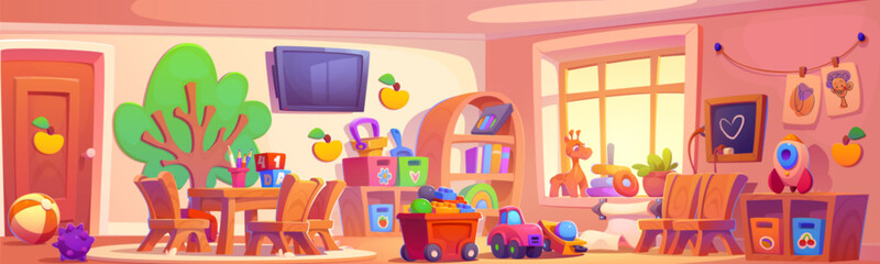 Kindergarten classroom for preschool child cartoon. Nursery playroom interior with toy, table and chair. Cute room design for montessori daycare activity and education background illustration