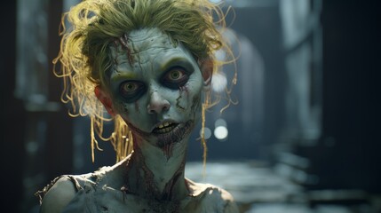 creepy zombie character with green skin and wild hair