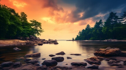 serene sunset over tranquil lake with rocky shoreline - Powered by Adobe