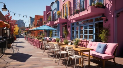 Outdoor café with vibrant pink and blue seating