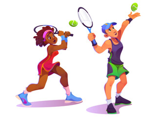 Tennis players set isolated on white background. Vector cartoon illustration of african young woman running with racket in hand, active man serving ball, sports competition athletes, healthy lifestyle - obrazy, fototapety, plakaty