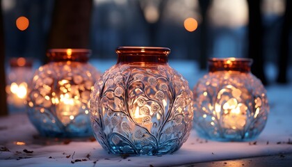 Candles in a glass vase on a wooden table in winter