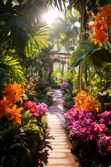 Vibrant tropical garden pathway