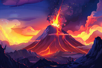 Generative ai on theme of erupting volcano with cascading hot lava surrounded thick white smoke