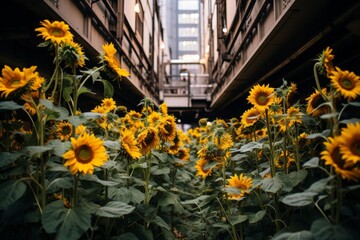 Sunflowers blooming in an urban alleyway