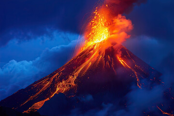 Fototapeta premium Generative ai on theme of erupting volcano with cascading hot lava surrounded thick white smoke
