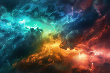 Generative ai on theme of scary bright electric lightning bolt with branches in the night dark sky