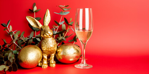 A champagne glass, golden rabbit figurine sand Easter gold eggs on plane background