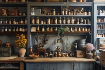 shelves with herbal remedies and old pharmacy