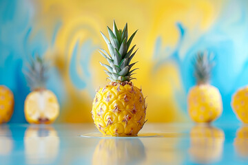 A yellow pineapple is lying on the table with colorful smoke