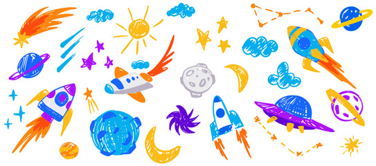 Children drawing doodle set, space illustrations in childish style. Cosmos vector kids drawings: rocket, astronaut, stars, asteroids, ufo, sun, moon © Foxelle