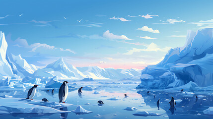 A vector illustration of a penguin colony on ice.