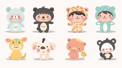 Set of cartoon little kid characters in Animals 