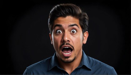handsome hispanic mexican man surprised amazed express suprised amazed expression on plain black background from Generative AI