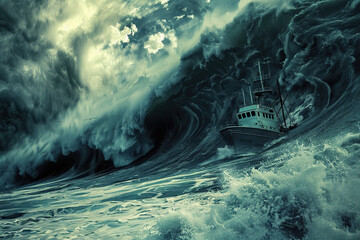 Generative ai on theme of a scary tsunami with huge foamy wave, apocalyptic dramatic background