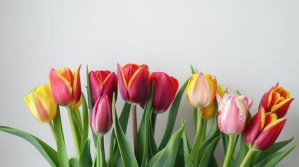 Bouquet of tulips on white background,Beautiful bouquet of bright tulip on light background, closeup,colorful tulips and empty space for your text,Top view of fresh multi colored tulips flowers
