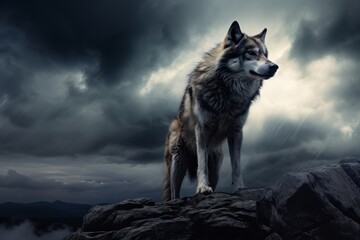 Majestic wolf standing on rocky cliff against stormy sky