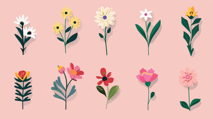 Set of flowers icons on a pink background vector illustration