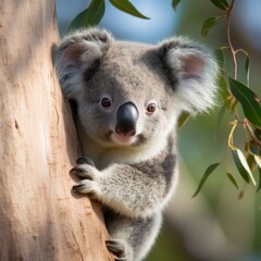 Obraz premium Cute koala bear peeking out from tree