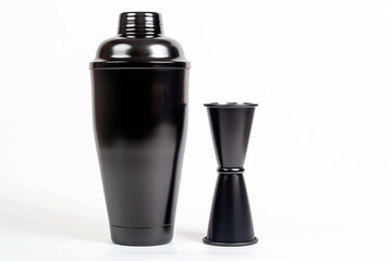 Black shaker and jigger isolated on white surface, next to each other