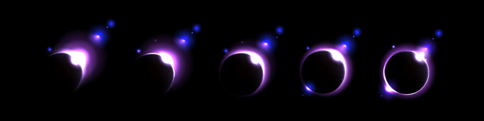 Purple space solar eclipse light glow in galaxy vector. Neon universe planet flare and ray abstract outer world ring. Cosmic sunrise shine with blue sparkle. Isolated halo edge on black background