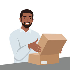 Young man Unpacking paper box concept. Young man opens parcel with orders delivered by postal service. Flat vector illustration isolated on white background