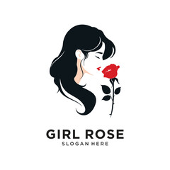 girl rose flower character logo design vector