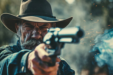Generative ai on theme of a unshaven cowboy in leather hat with a pistol in a powerful male hand