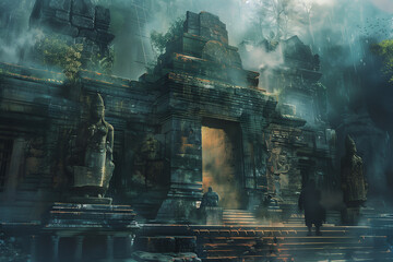 Ancient temple complex shrouded in mist with stone statues and mythical creatures.